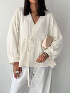 Spring Autumn Cotton Linen Solid Color V neck Trousers Comfortable Soft Shirt Women Bella Mia