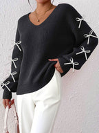 Women Autumn Winter Coat Women Clothing Ribbon Bow Decorative Woven Pullover Bella Mia