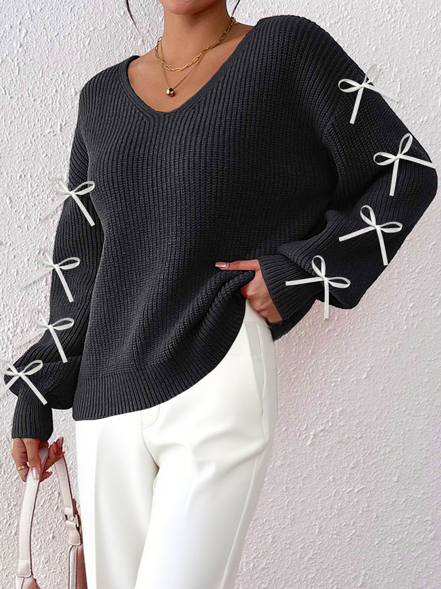 Women Autumn Winter Coat Women Clothing Ribbon Bow Decorative Woven Pullover Bella Mia