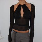 Summer Women Mesh Stitching Hollow Out Cutout Irregular Asymmetric Slim Fit Slimming Long Sleeve Top Bella Mia