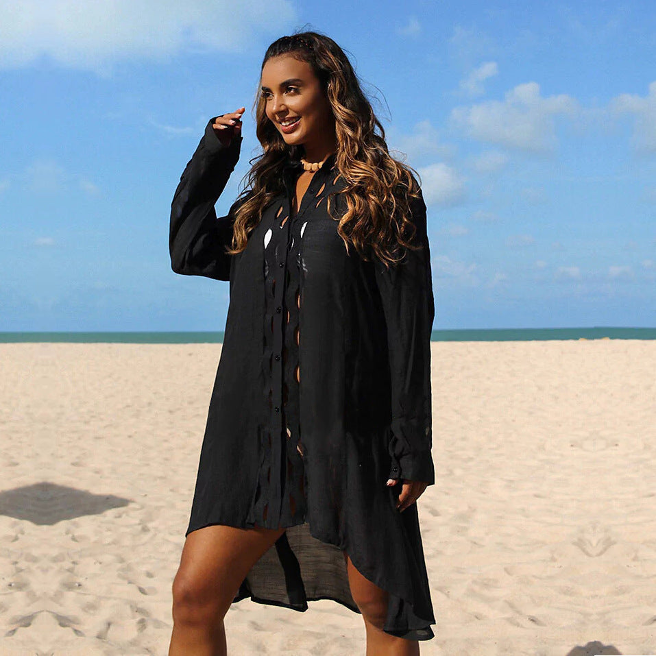 Slub Cotton Patchwork Edge Shirt Sun Protection Cardigan Vacation Beach Coat Bikini Cover up Blouse Bella Mia
