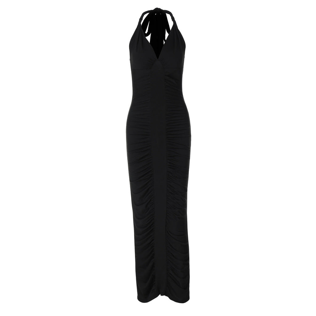 Women Clothing Winter Sexy V neck Backless Lace up Slim Fit Pleated Dress Bella Mia