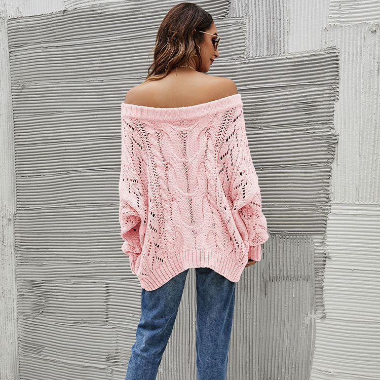 Autumn Winter off-Shoulder Plus Size Loose Sweater off-Shoulder Solid Color Pullover Sweater Women Bella Mia