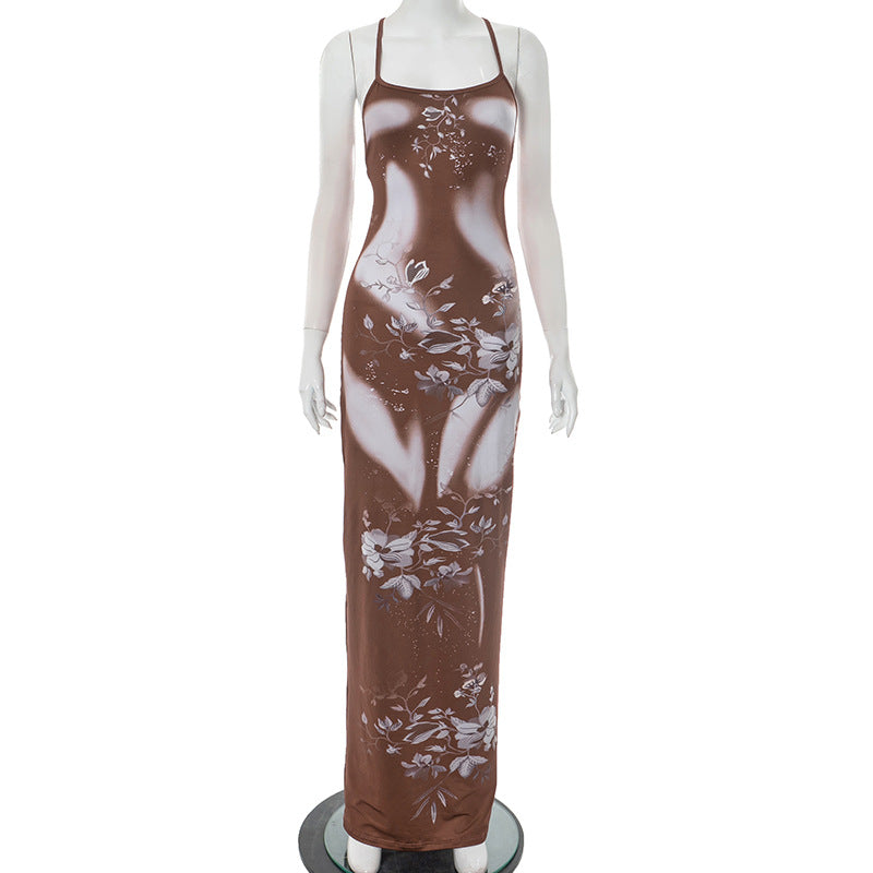 Women Sexy Floral Print Sling Backless Cross Tied Dress Women Bella Mia