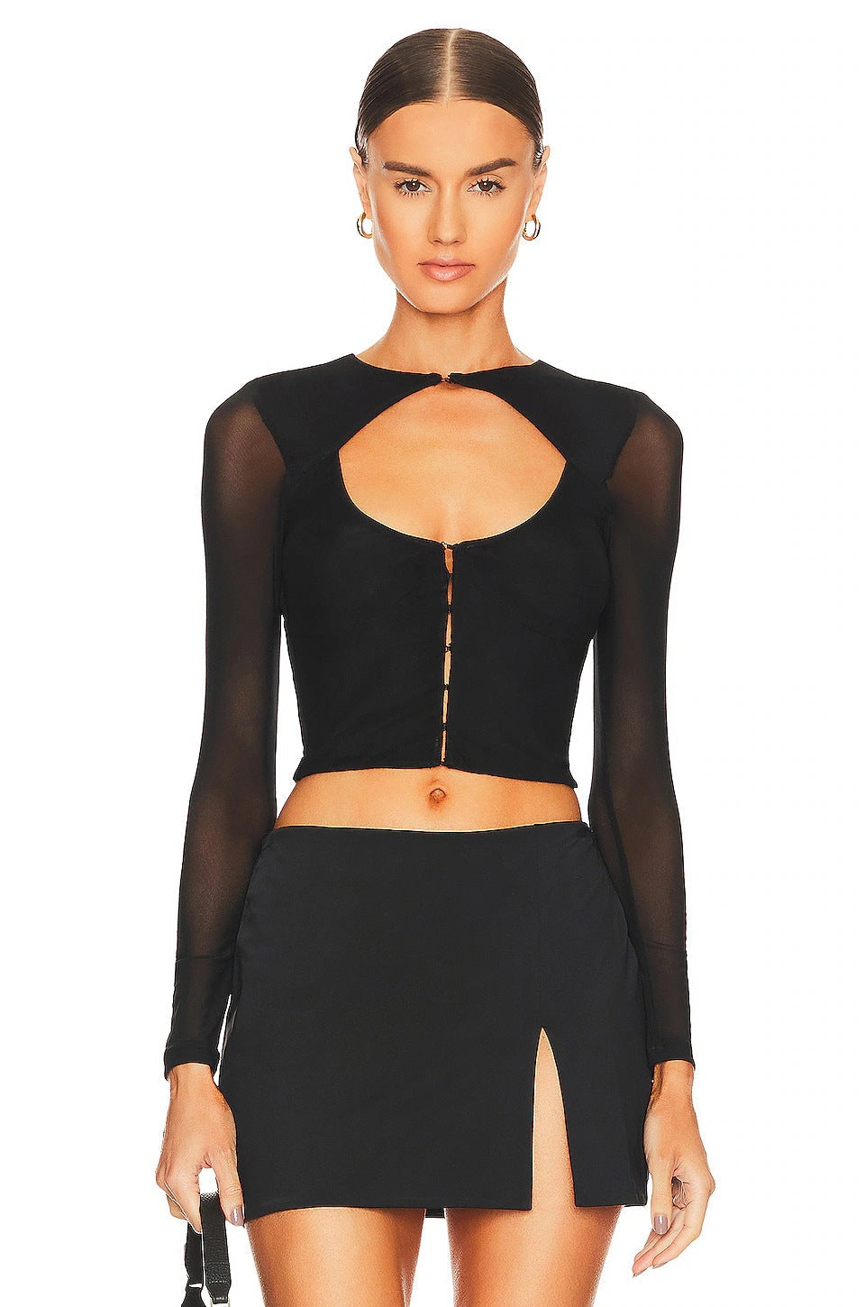 Black Long Sleeve Mesh Design Blouse Women Autumn Slim Fit Cardigan Buckle T shirt Bella Mia