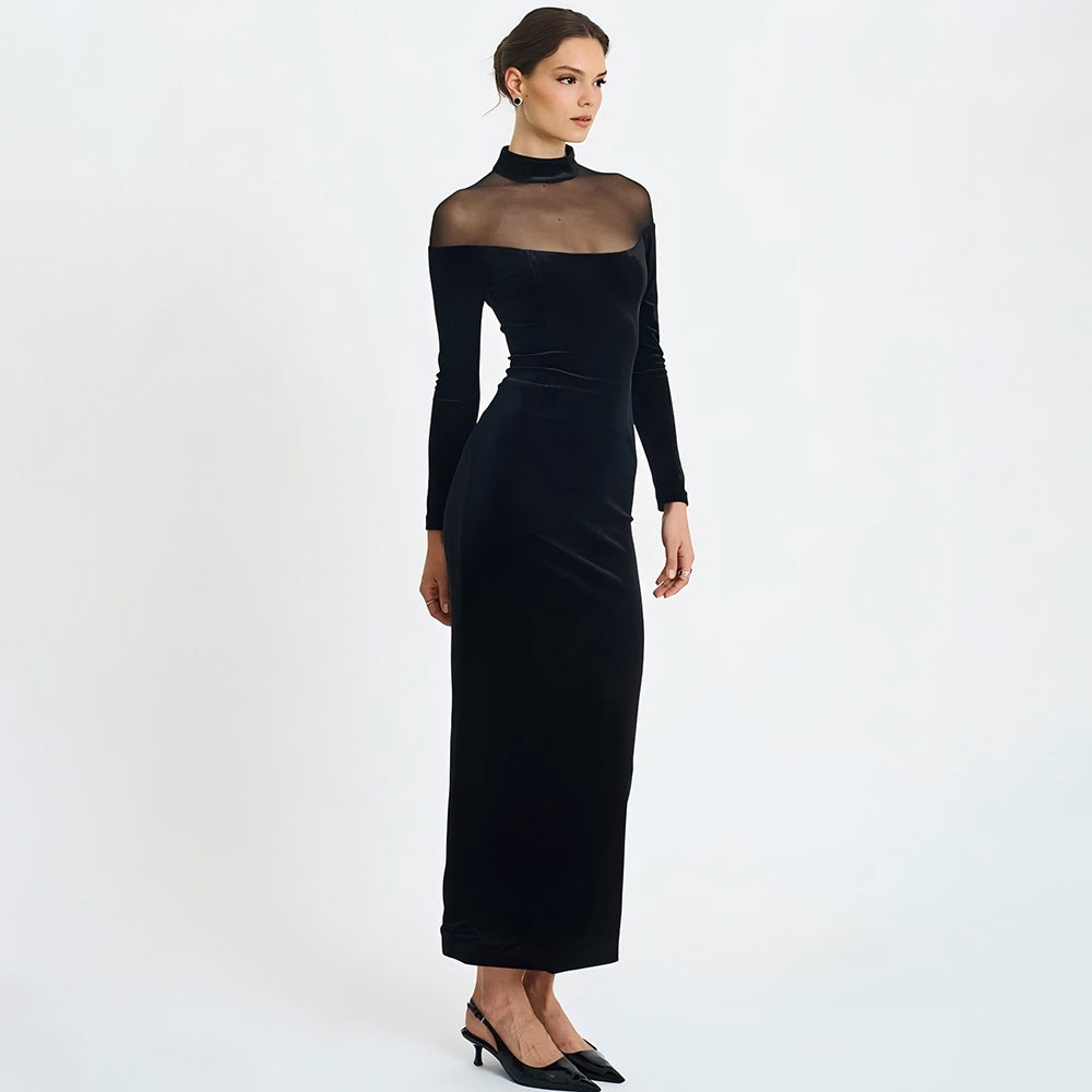 Autumn Winter Wear Voile See through Stitching Dress Sexy Tight Solid Color Dress Bella Mia