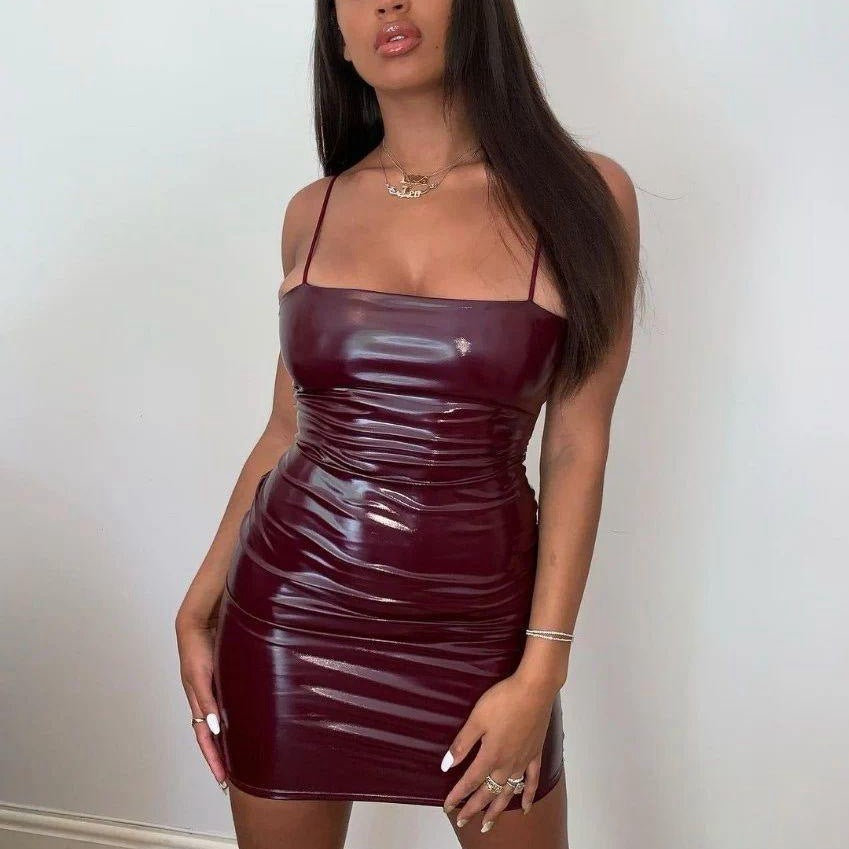 Faux Leather Sexy Sling Waist Tight Hip Dress Women Clothing Bella Mia