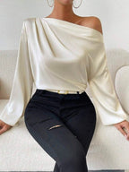 Oblique Shoulder Design Long Sleeve Shirt Women Asymmetric Pullover Top Solid Color Satin Long Bella Mia