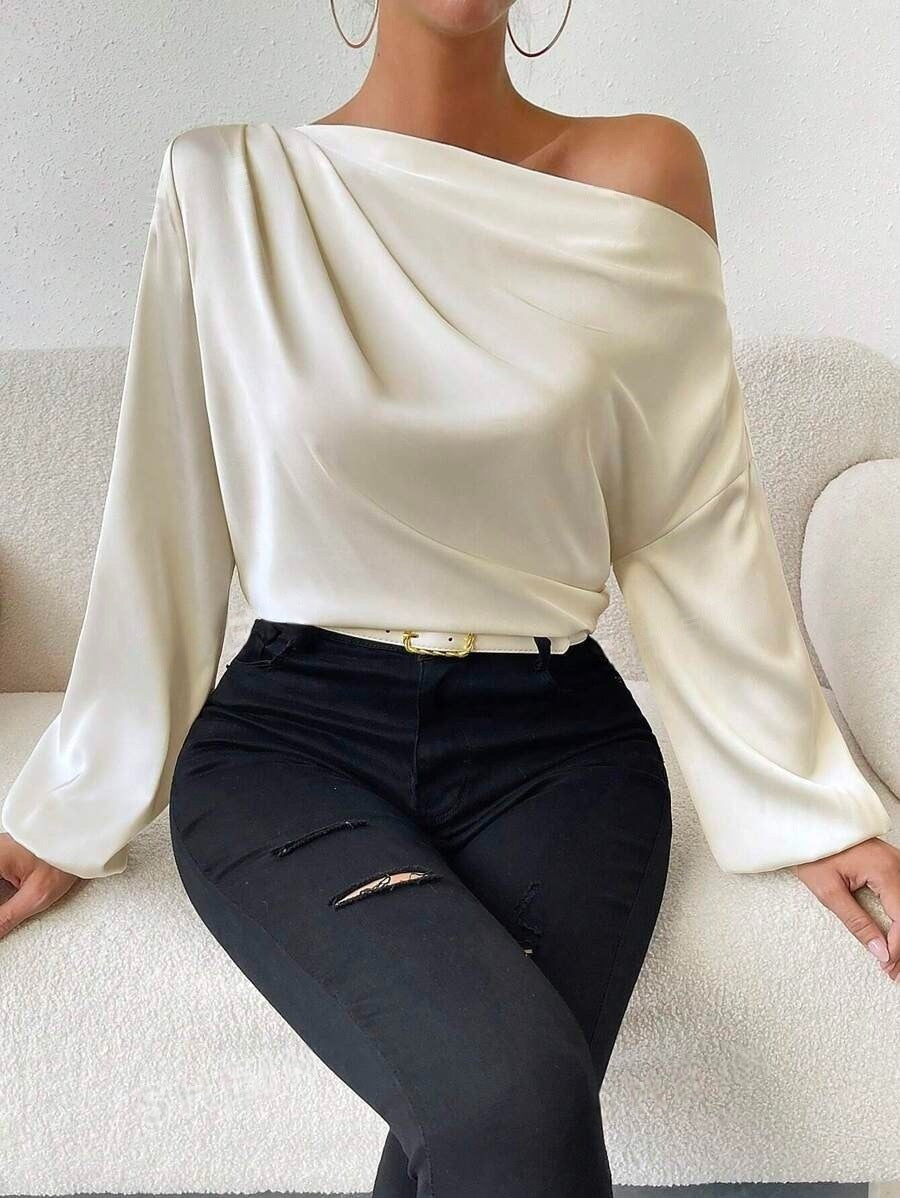 Oblique Shoulder Design Long Sleeve Shirt Women Asymmetric Pullover Top Solid Color Satin Long Bella Mia
