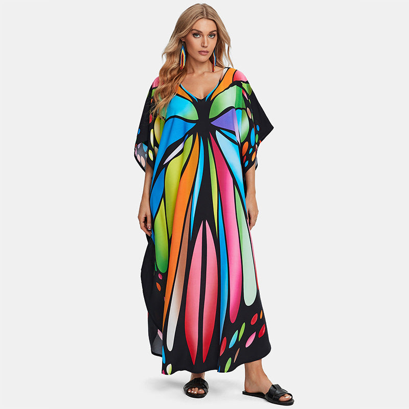 Rayon Printed Loose plus Size Robe Beach Cover up Vacation Maxi Dress Sun Protection Shirt Women Bella Mia