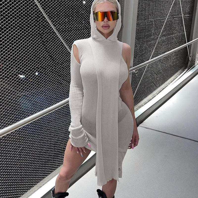Women Clothing Autumn Fashionable See-through Irregular Asymmetric Shoulder Long Sleeve Hooded Dress Bella Mia