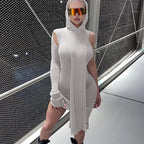 Women Clothing Autumn Fashionable See-through Irregular Asymmetric Shoulder Long Sleeve Hooded Dress Bella Mia