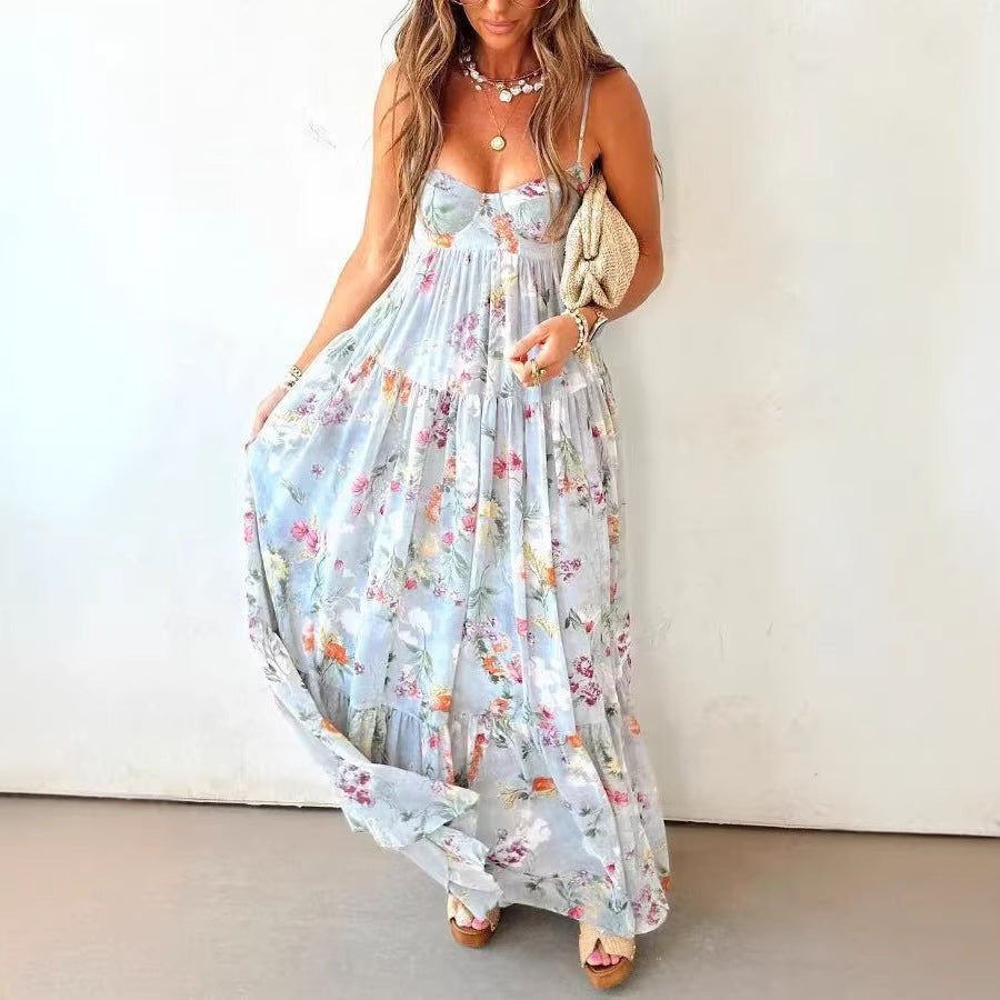 Bohemian Sling Floral Large Swing Dress Summer Chiffon Vacation Loose Flowy Dress