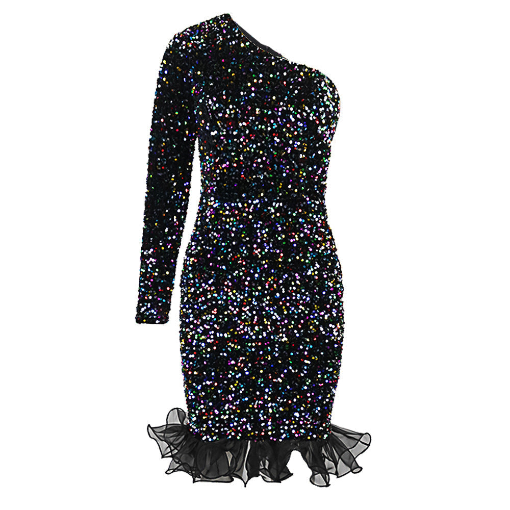 Diagonal Collar Evening Dress Designer Model Elegant Graceful Color Sequ Dress Party Dress Bella Mia