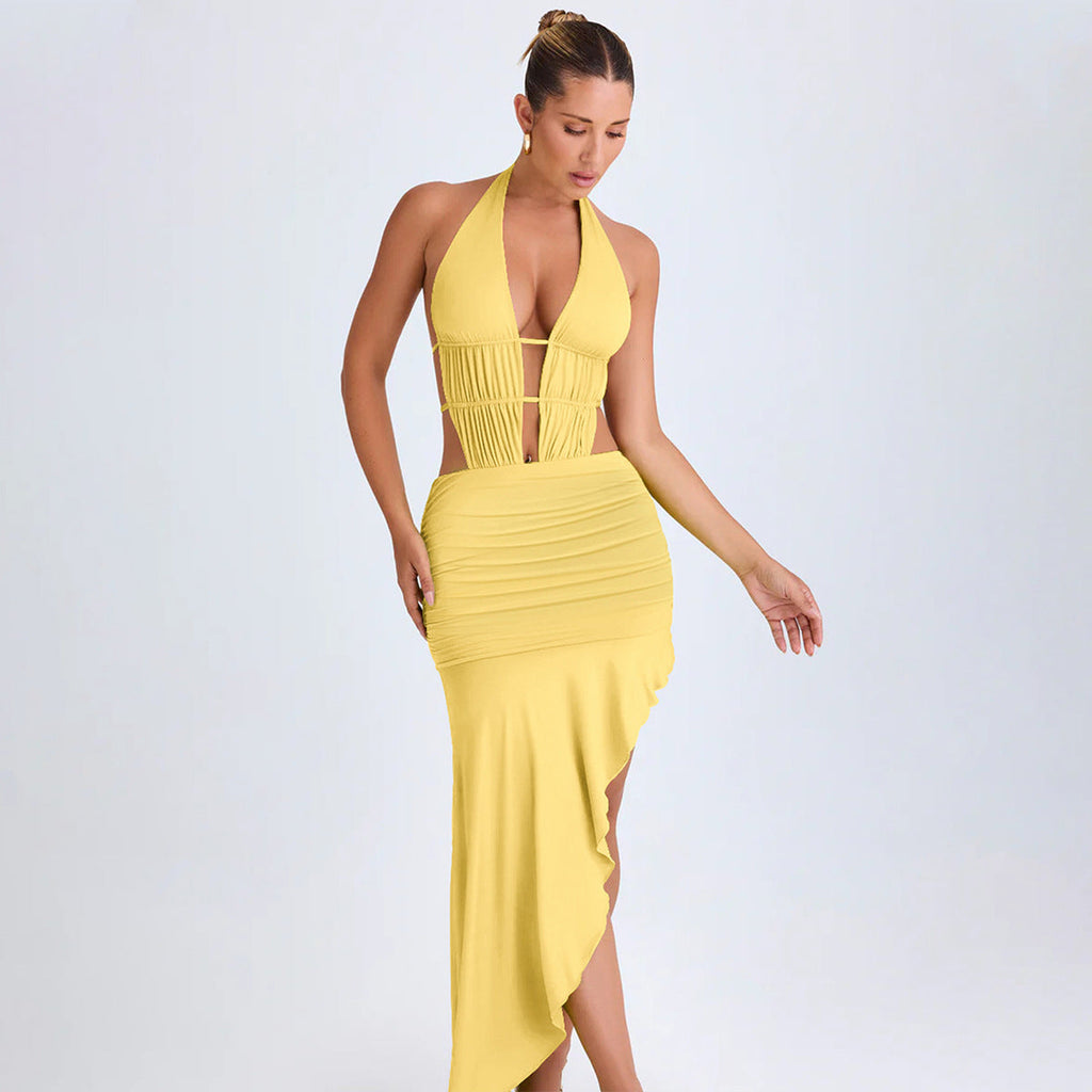 Irregular Asymmetric Women Pleated Tied Dress Autumn Winter Sexy Backless Hollow Out Cutout Hip Dress Bella Mia