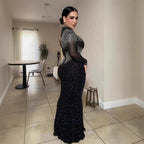 Half Turtleneck Sexy Sheath Maxi Dress Party Rhinestone Bella Mia