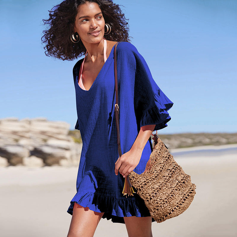 Slub Cotton V Neck Bikini Cover Up Beach Cover Up Vacation Swimsuit outside Overclothes Women Sun Protection Bella Mia