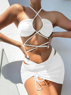 Women Split Swimsuit Solid Color Sexy Bandage Pleating Three Piece Sexy Bikini Bella Mia