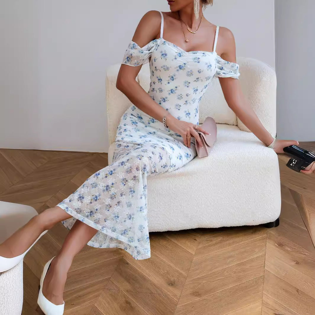 Summer Internet Celebrity Sling off Shoulder Wrapped Chest Sheath Print Mesh Sexy Adult Lady like Woman Maxi Dress Bella Mia
