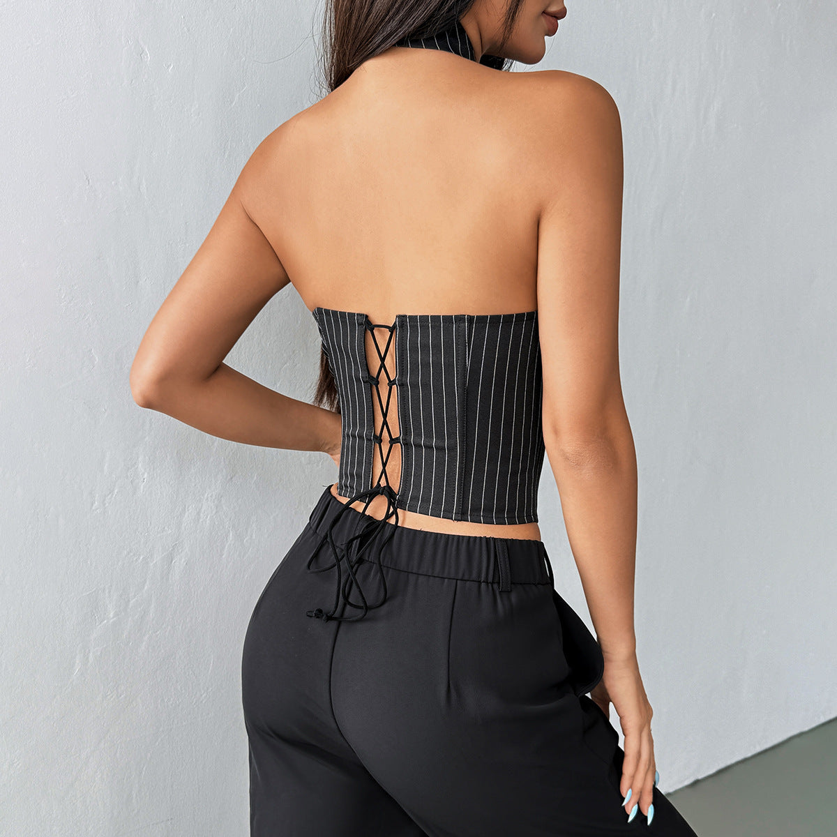 Chic Retro Sneaky Design Halter Tie Slimming Boning Corset Sleeveless Striped Vest Top for Women Bella Mia