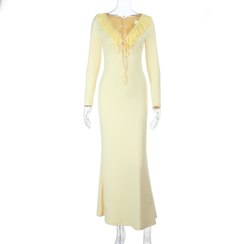 Sexy Ruffled Long Sleeve Slim Stretch Dress Autumn Type Hip Dress Bella Mia