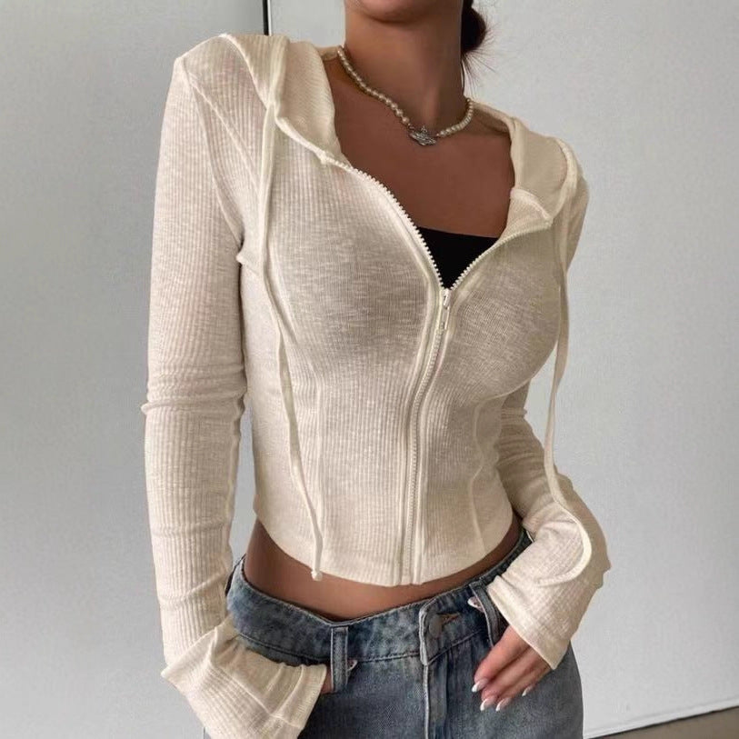Fall Winter Knitwear Cardigan Top Slim Fit Sports Hoodie Short Zipper Hooded Sweatshirt Bella Mia