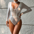 Women Clothing Spring Autumn Mesh Long Sleeve Hollow Out Cutout out See through Stitching V-neck Halter Jumpsuit Women Bella Mia