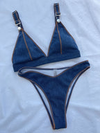 Women Swimsuit Sexy Bikini Denim Blue Solid Color