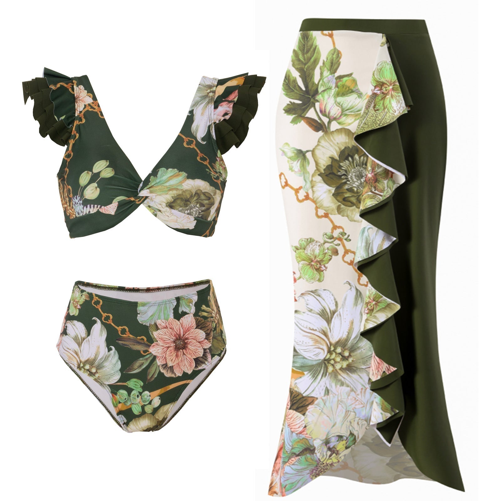 Retro High Waist Split Swimsuit Women Ruffled Bikini Swimsuit Chiffon Beach Skirt Set Bella Mia