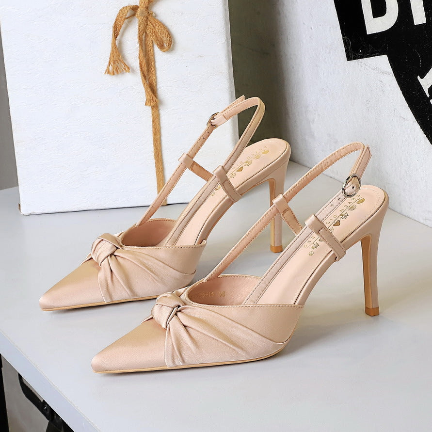 Cocktail Satin Bow Stiletto Heel High Heel Shoes Pointed Shallow Mouth Back Empty Closed Toe Shallow Mouth Pumps