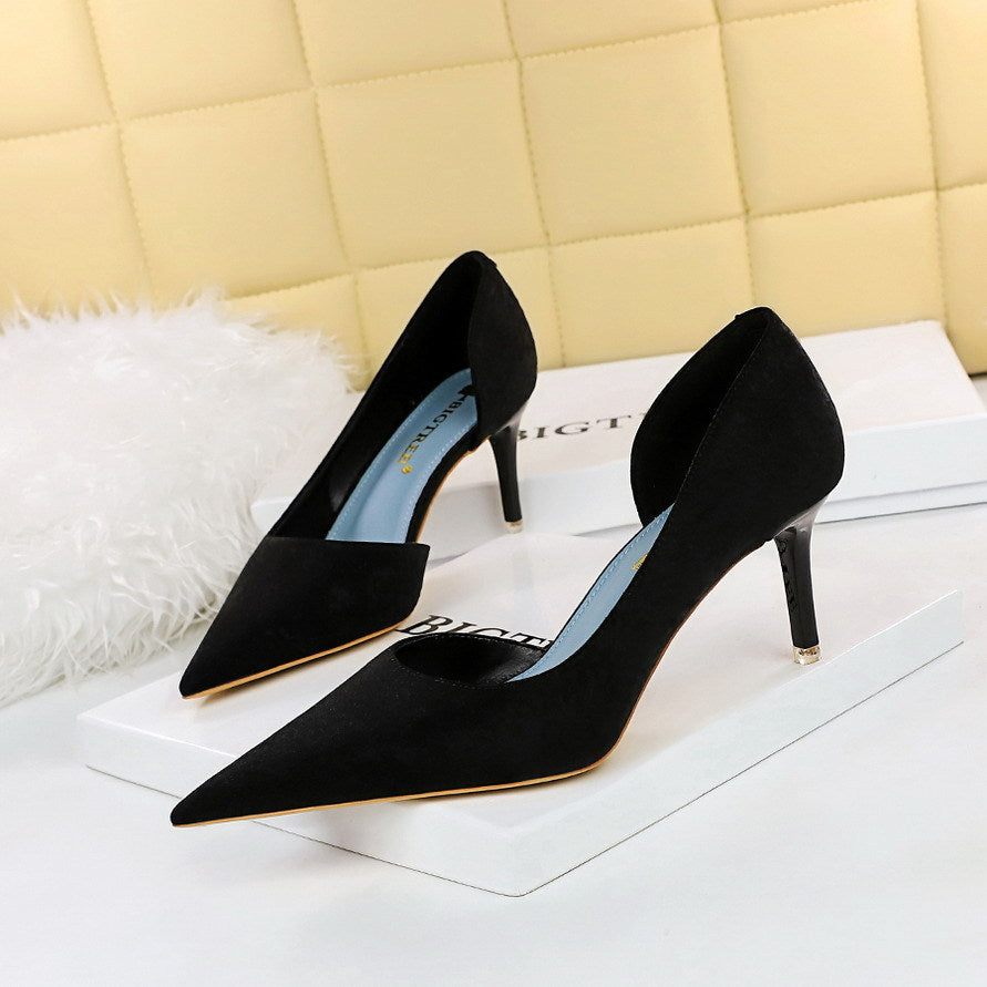 Fashionable Sexy Figure Flattering Side Hollow Out Cutout High Heels Stiletto Heel Cloth Surface Shallow Mouth Pointed Toe Super High Heel Pumps
