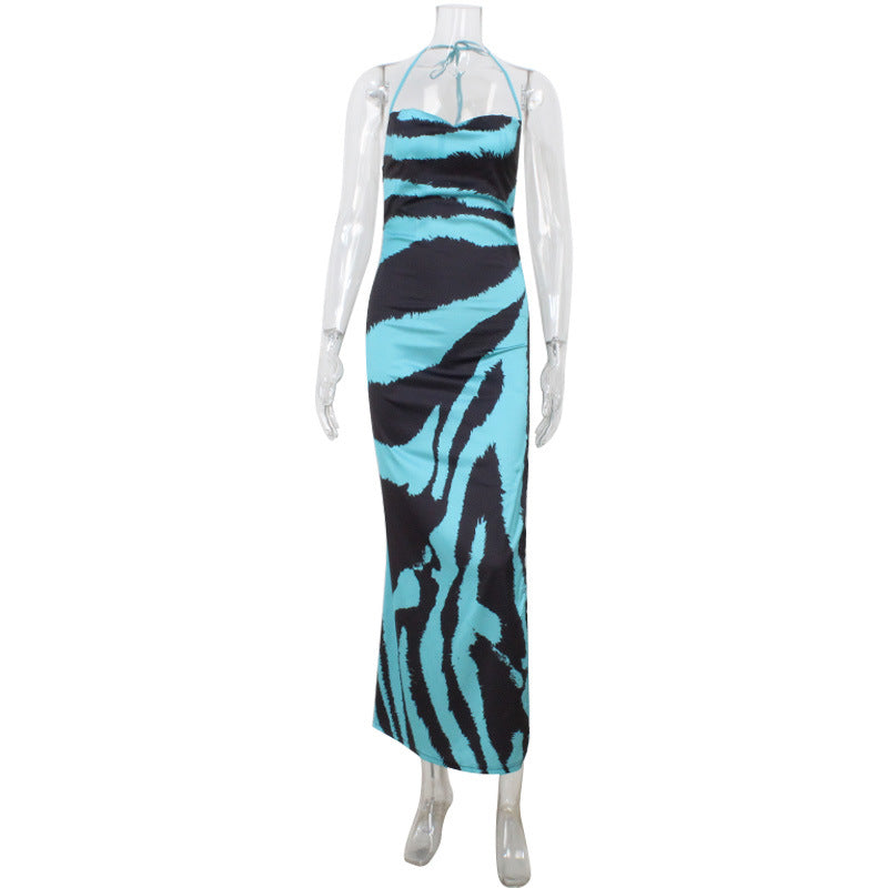Summer High Grade Women Clothing Swing Collar Sling Waist Tight High Slit Printing Dress Bella Mia