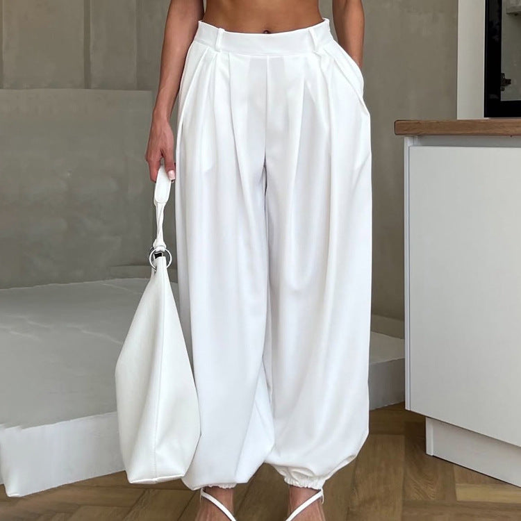 Women Clothing Simple All Match Loose Fit Tappered Trousers Pleated High Waist White Casual Pants Bella Mia