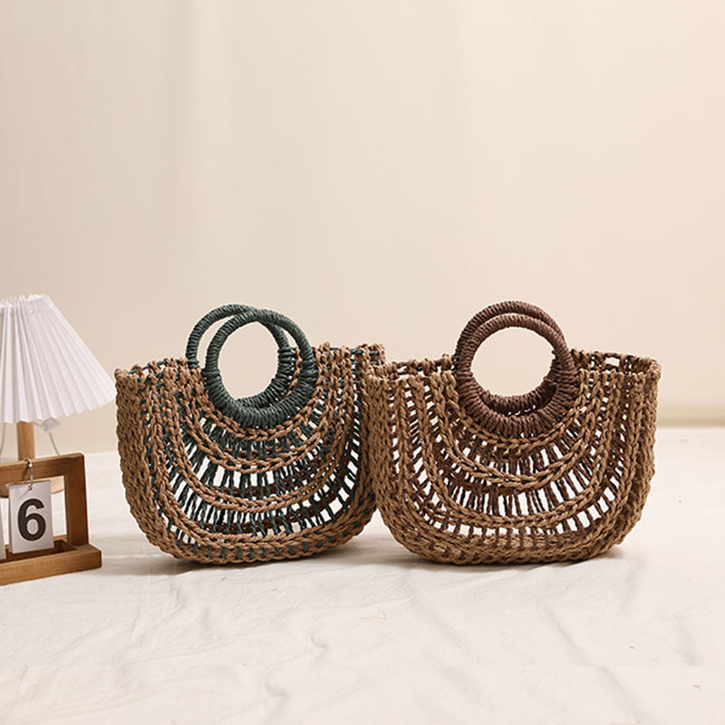 Hollowed out Semicircle Portable Straw Weaved Bag Round Handle Contrast Color Straw Bag Woven Bag Women Seaside Vacation Beach Bag Bella Mia