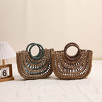Hollowed out Semicircle Portable Straw Weaved Bag Round Handle Contrast Color Straw Bag Woven Bag Women Seaside Vacation Beach Bag Bella Mia