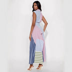 Women Clothes Cool Contrast Color Patchwork Stripes V neck Dress Irregular Asymmetric Cinched A line Dress Bella Mia
