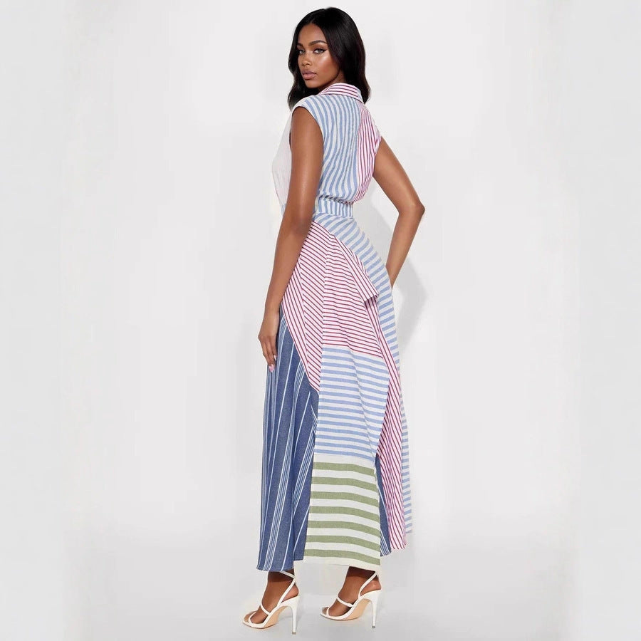 Women Clothes Cool Contrast Color Patchwork Stripes V neck Dress Irregular Asymmetric Cinched A line Dress Bella Mia