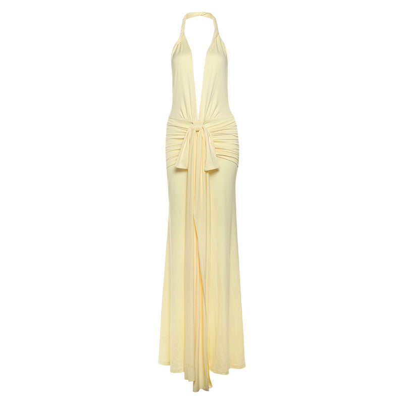 Women Autumn Winter Women Sexy Backless Halter Deep V Plunge neck Solid Color Split Dress Women Bella Mia