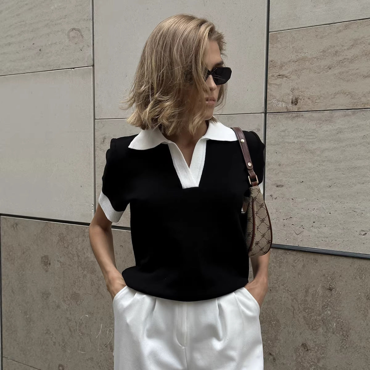 Short Sleeved Knitwear Summer Office Polo Collar Contrast Color Slim Fit Knitted Top Bella Mia