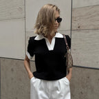 Short Sleeved Knitwear Summer Office Polo Collar Contrast Color Slim Fit Knitted Top Bella Mia