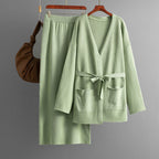 Women Autumn Winter V neck Loose Knitted Lace up Cardigan Skirt Two Piece Set Bella Mia
