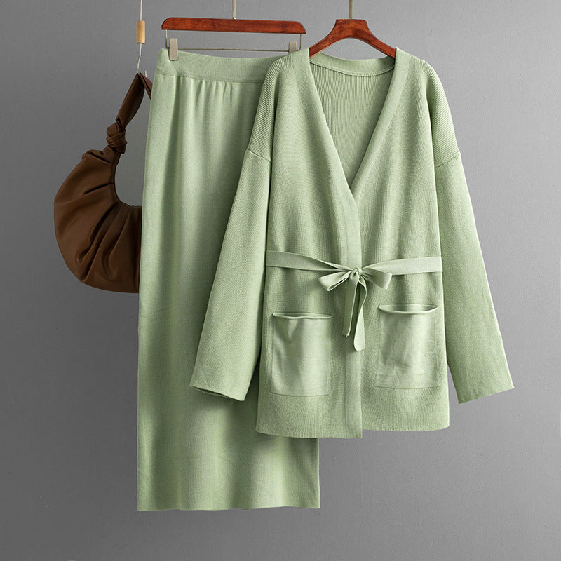 Women Autumn Winter V neck Loose Knitted Lace up Cardigan Skirt Two Piece Set Bella Mia