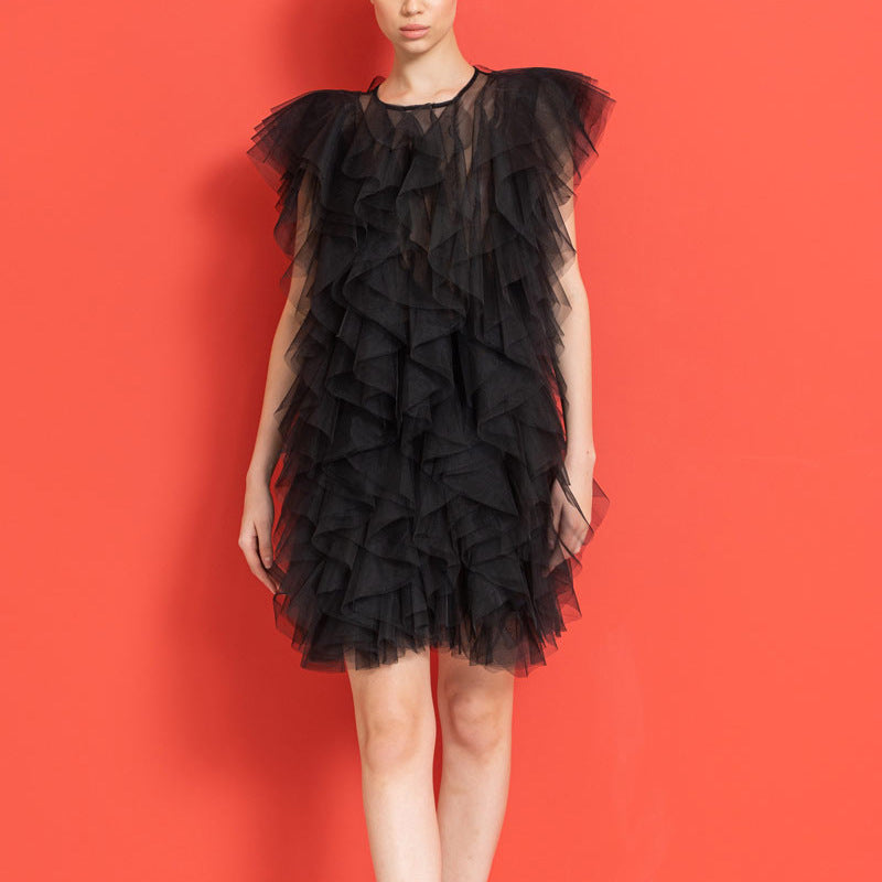 Irregular Asymmetric Ruffled Stitching See through Organza Sleeveless Sexy Dress Women Bella Mia