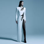 Dress Embroidered Beads Beaded Floral Long Sleeve Split Maxi Dress Bella Mia