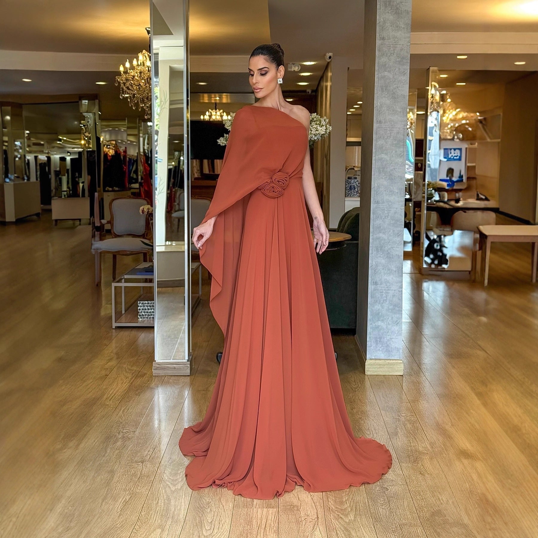 Spring Autumn Oblique Shoulder Chiffon Party Dress Loose Big Hem Women Dress Bella Mia