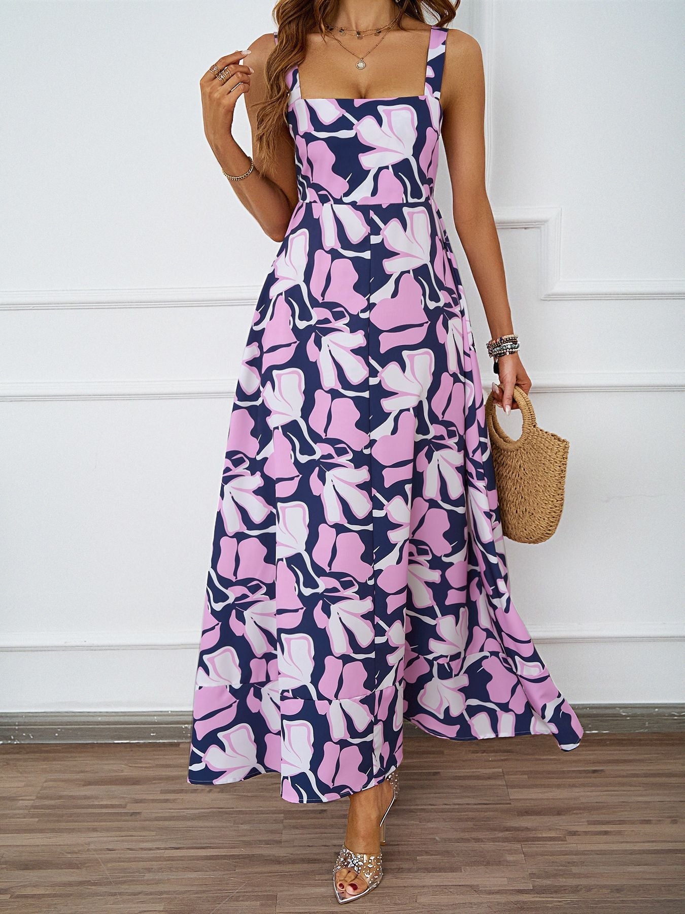 Women Clothing Summer Casual Strap Elegant A line Dress Floral Printed Dress