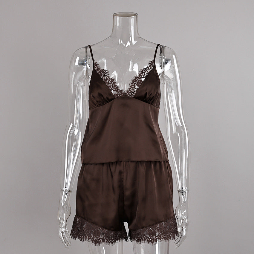 Women Pajamas Satin Stitching Lace Suspender Shorts Two Piece Set Summer Loungewear