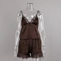 Women Pajamas Satin Stitching Lace Suspender Shorts Two Piece Set Summer Loungewear
