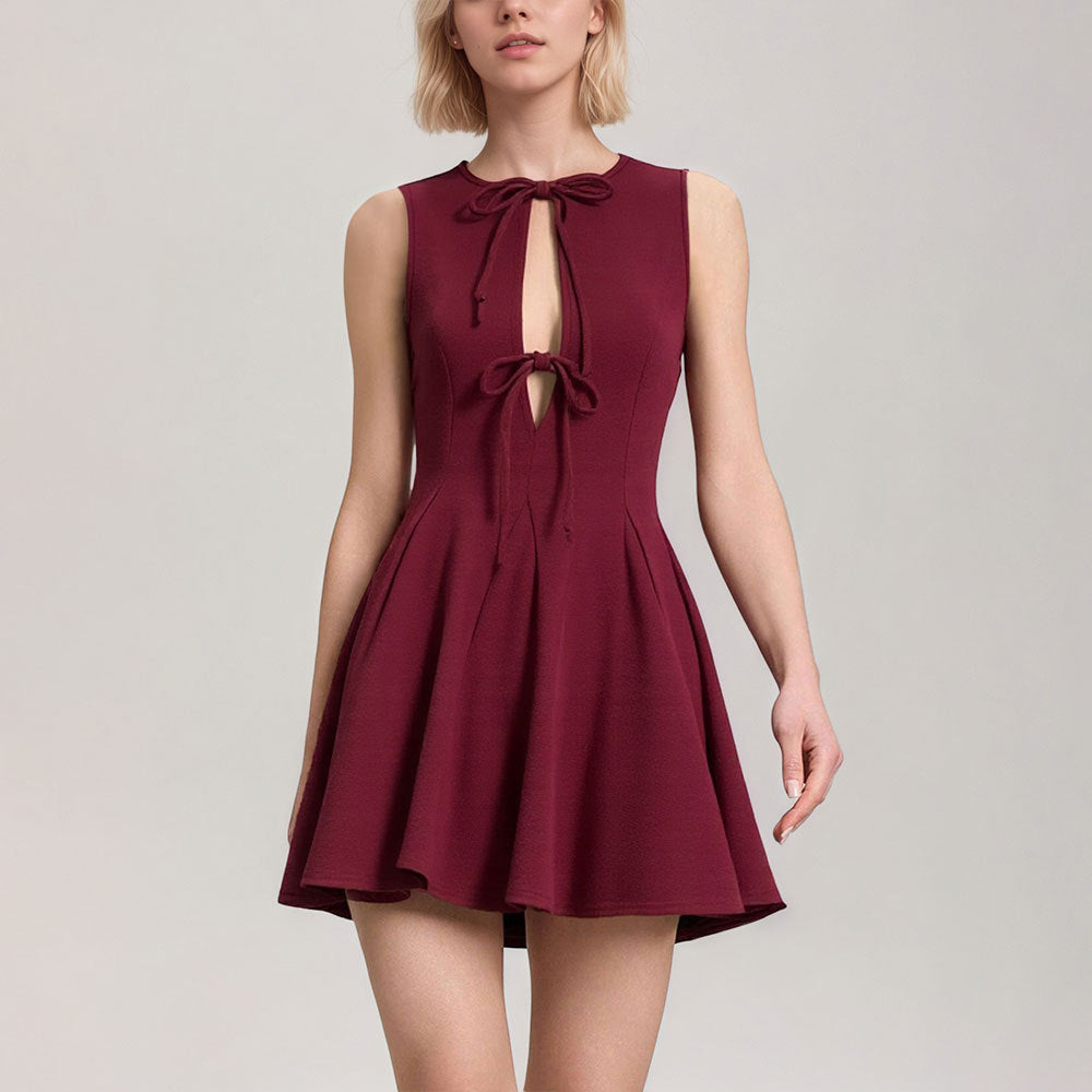 Women Clothing Summer Elegant Slim Fit Fitted Waist Bowknot Stitching Sexy Sweet Sleeveless Dress Bella Mia