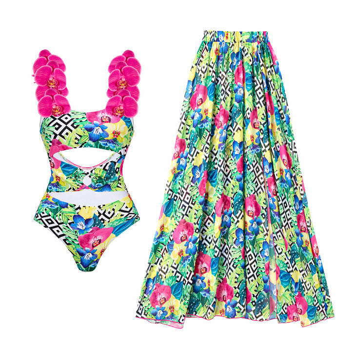 Floral Shoulder Strap Hollow Out Cutout Print One Piece Swimsuit Women Holiday Bella Mia